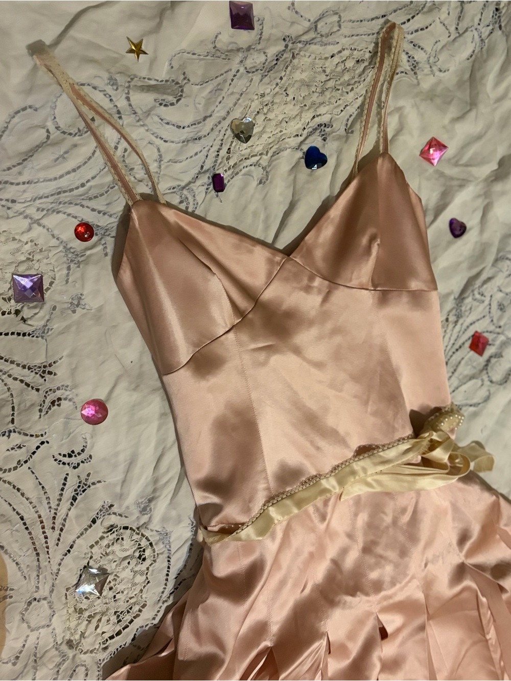 Vintage Y2K Rosewater Pink 100% Silk Dress Coquette Romantic Ruffle Bow Fairy